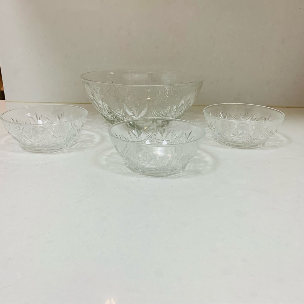 NWOT Etched Glass Serving Bowl + 3 Serving Dishes